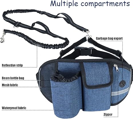 Waist Leash for Dog Walking - Hands Free Dog Leash with Multi Pouches, Wide Back Support Belt Bungee Dog Leash, Dog Waist Belt Leash for Walking, Running, Hiking, Training Leash (Black NO Leash)