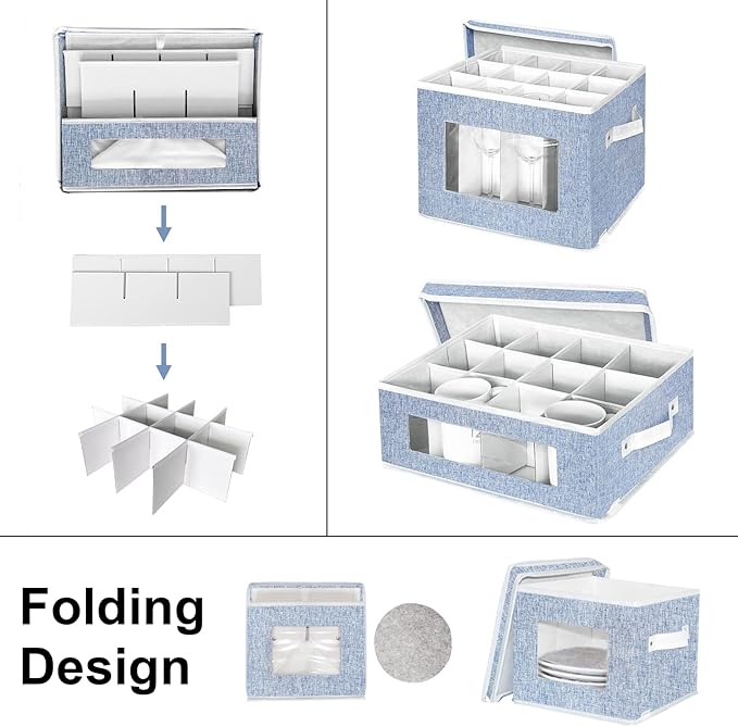 China Storage Containers,Wine Glass Mug Plate Dish Stemware Storage Box with Dividers,Hard Shell Dinnerware Case with 24 Felt Protectors for Crystal Glassware,Coffee Cup,Bowl Packing Moving (Blue)