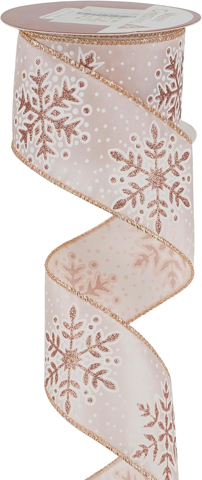 MEEDEE Snowflake Ribbon with Rose Gold Glitter - Wired, 2.5 Inch, Pink Rose Gold Christmas Ribbon for Tree, Garlands, Wreaths, Gift Wrapping (10 Yards)