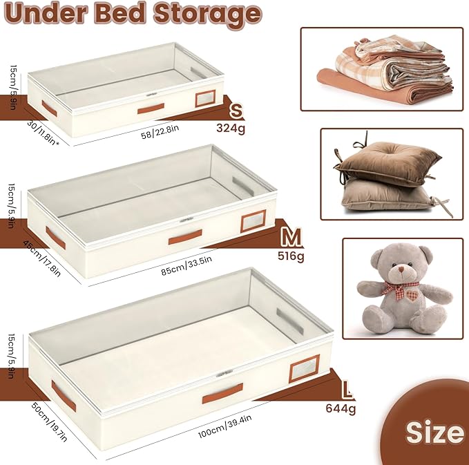 2pcs Under Bed Storage Containers, 58L Under Couch Storage Bins Organization Foldable Underbed Storage Bags for Clothing, Blankets, Towels, Comforter, Sweaters, Linen Sheets (M)