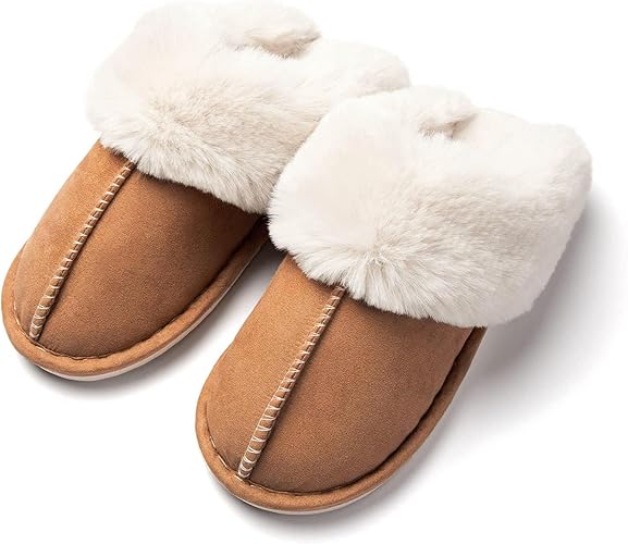 Afellicy Women's Fuzzy Memory Foam Slippers Fall Winter House Shoes Indoor and Outdoor Fur Lining Slip on Bedroom Shoes