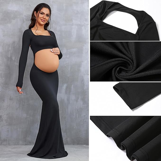 Bhome Maternity Photoshoot Dress Long Sleeve Sexy Cut-Out Backless Maternity Maxi Gown Photography Outfits