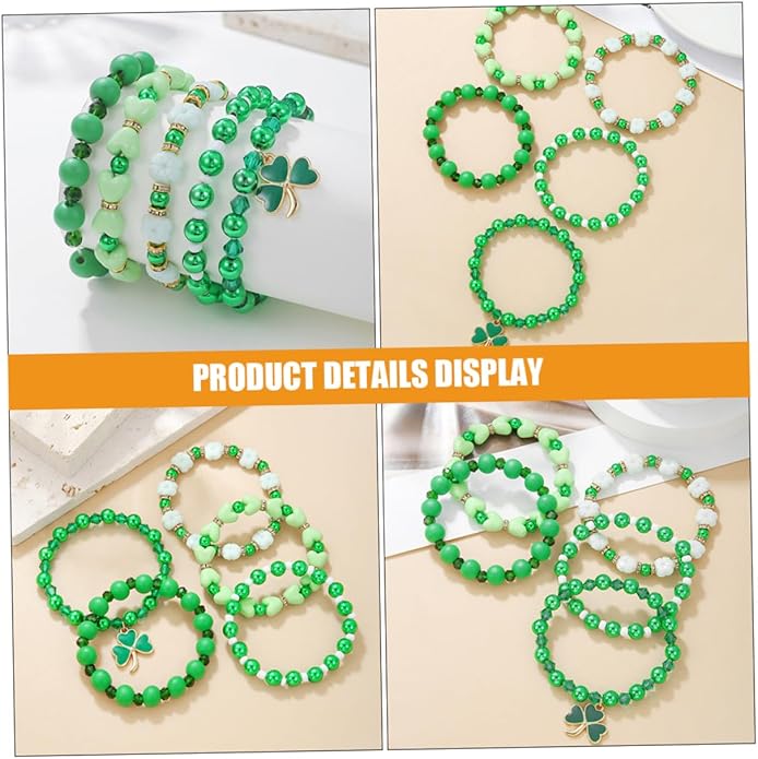 Garneck 5Pcs St Patrick's Day Jewelry Set - Green Beaded Stretch Bracelets with Shamrock Charms - Accessories for Celebrations Parties and Holiday Festivities
