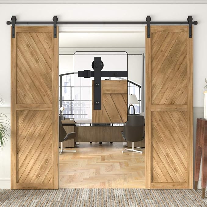 WINSOON 7.5FT Barn Door Hardware Kit: Double Sliding Door Hardware - Black Barn Door Track Kit - Carbon Steel Heavy Duty Door Rail - J-Shape Easy to Install for 45" Closet Panel(No Door)