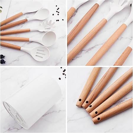 1pc White Silicone Flexible Spatula Set with Wooden Handle, Heat Resistant Cooking Utensils Rubber Spatula Non-Stick Flexible Scrapers Baking Mixing Tool