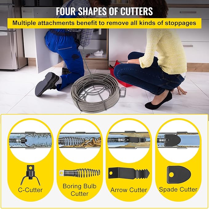 VEVOR 100 ft x 12 inch Solid Core Sewer Snake Clog Pipe Drain Cleaning Cable WFour Shapes of Cutters, Black
