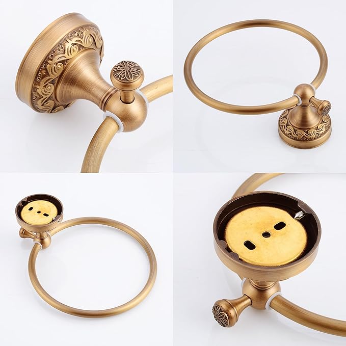 Wall Mounted Bathroom Towel Ring, Bath Towel Hanger Antique Brass Pattern Carving,Brushed Bronze