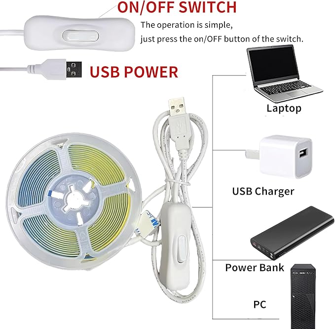 5V USB COB LED Strip Lights with Switch,6.56FT/2M,Cool White 6500K,320LEDs/M,8mm Width,Not Waterproof IP20,1M USB Cable,for DIY Home Indoor Decoration