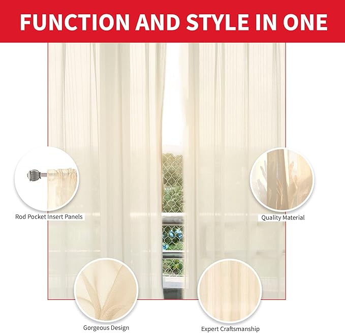Sapphire Home Beige Sheer Curtains - 84 Inches Length, 2 Panels Set Sheer Drapes, Light Filtering Textured Window Curtain for Living Room, Bedroom, Kitchen, and Dining Room - 54"x84", BeigeCream