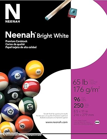 Neenah Premium Cardstock, 8.5" x 11", 65 lb176 gsm, Bright White, 250 Sheets (91904)