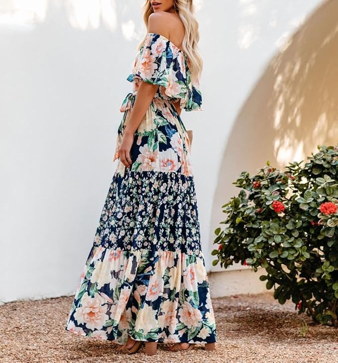 Womens Off Shoulder Boho Floral Maxi Dress 2025 Belted Cinched Waist A-line Dresses Summer Vacation Beach Outfits for Women