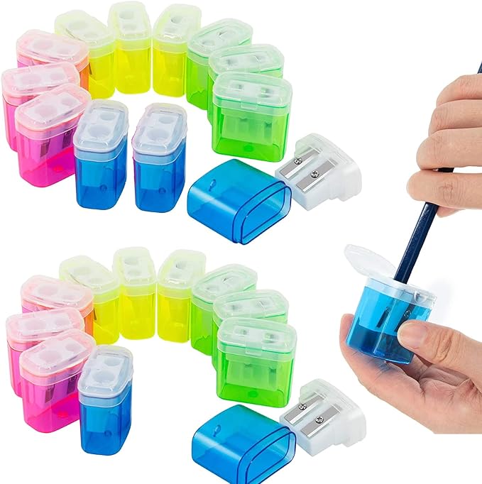 KIDMEN 12 PCS 2 Holes Small Manual Pencil Sharpener with Lid,for Kids,School