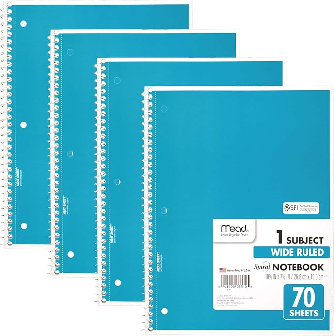 Mead Spiral Notebooks, 1 Subject, Wide Ruled Paper, 70 Sheets, 10-12 x 7-12 inches, Blue, 4 Pack (38400)