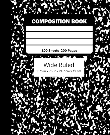 Composition Notebook Wide Ruled: Black Marble Notebook, 100 Sheets, 1 count