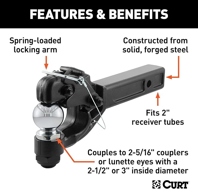 CURT 48006 Pintle Hitch with 2-516-Inch Trailer Ball, Fits 2-Inch Receiver, 16,000 lbs, 15-14-Inch Length