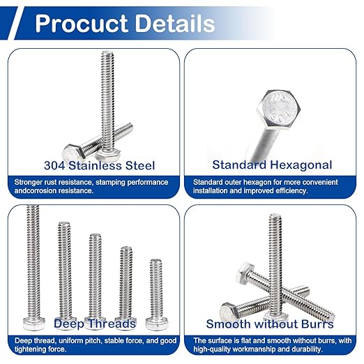 MroMax 5Pcs M8 x 80mm Hex Head Screws Bolts, 304 Stainless Steel 18-8, Fully Threaded, External Hex Drive, for Mounting Chair, Handles, Rail, Pump, Wheels, Antenna Parts, Boat and Plastic Bumpers