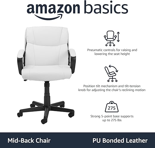 Basics Office Computer Task Desk Chair with Padded Armrests, Mid-Back, Adjustable, 360 Swivel, Rolling, 275 Pound Capacity, 24.2"D x 24"W x 38.6"H, BIFMA Certified, White Faux Leather