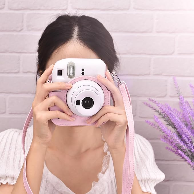 Sunmns Mini 12 Instant Camera Case, PU Leather Protective Compact Case Compatible with Instax Mini 12 Instant Camera (Pink)