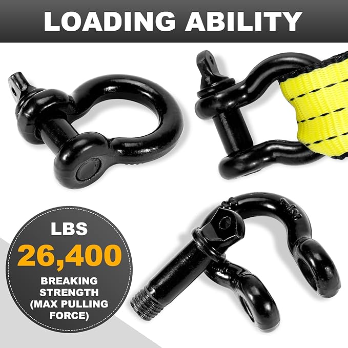 12" D Ring Shackles with 78" Screw Pin, 26,400 lbs Break Strength, Heavy Duty Clevis Shackles (Black) for Jeep, Truck, SUV, Trailer, ATV, UTV(2pcs)