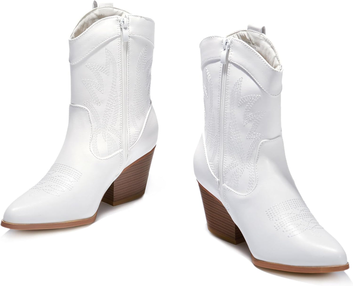 Western Cowgirl Cowboy Ankle Boots for Women or Ladies, Mid Calf, Vegan Leather Embroidered Upper, Low Heel, Fashionable Pointed-toe, Well Made