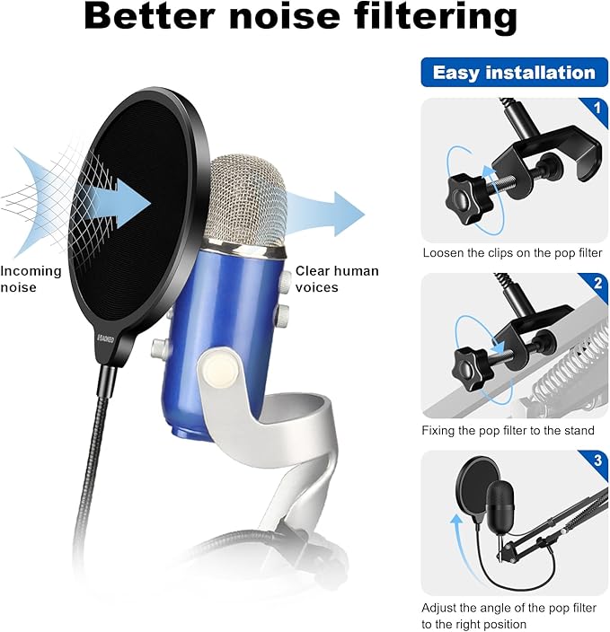 Aokeo Professional Microphone Pop Filter Mask Shield For Blue Yeti and Any Other Microphone, Mic Dual Layered Wind Pop Screen With A Flexible 360 Gooseneck Clip Stabilizing Arm