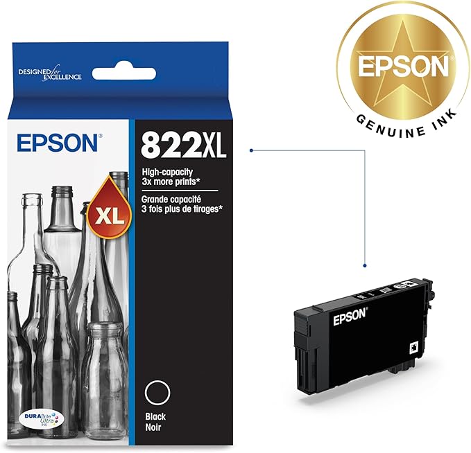 EPSON 822 DURABrite Ultra Ink High Capacity Black Cartridge (T822XL120-S) Works with WorkForce Pro WF-3820, WF-3823, WF-4820, WF-4830, WF-4833, WF-4834