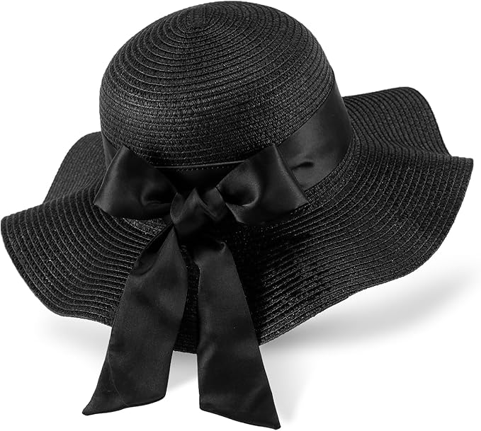 GNEGNI Straw Sun Hats for Women, Wide Brim Summer Beach Hat with Detachable Silk Tie, Foldable Floppy Hat - UV Sun Protection