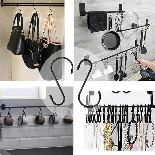 12 Pack 4 inch Vinyl Coated S Hooks with Rubber Stopper Non Slip Heavy Duty S Hook, Metal Steel Black Rubber Coated Closet S Hooks for Hanging Jeans Plants Jewelry Towels Pot Pan Cups