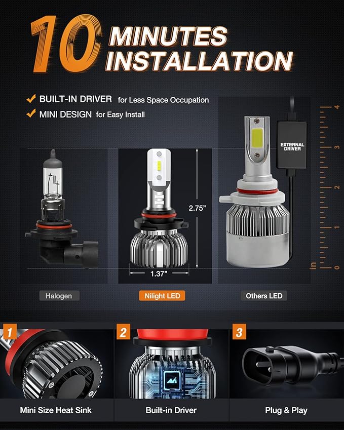 Nilight 9005HB3 H11H9H8 LED Bulbs, High and Low Beam Fog Ligh Bulbs Combo, 6000K Cool White IP67, Plug and Play, 4-Pack