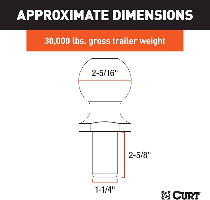 CURT 40085 Raw Steel Trailer Hitch Ball, 30,000 lbs, 2-5/16-Inch Diameter, 1-1/4 x 2-5/8-Inch Shank