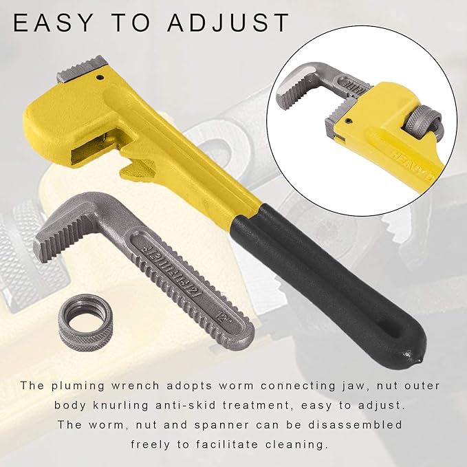 JONMON Pipe Wrench - 12 inch Heavy Duty Large Straight Plumbing Wrench with Adjustable Jaw Plumbers Repair Tool for Install and Maintain Pipe