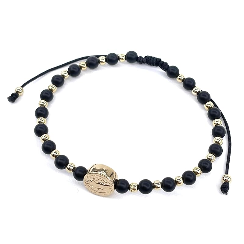 St Benedict Coin and Natural Round Black Onix Beads Adjustable Bracelet for Women (Black Onix)
