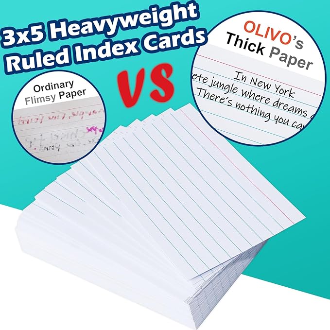 Index Cards 3x5 Lined Ruled Flash Note Cards 3" x 5", White, 100 Count, 200 GSM Heavy Weight