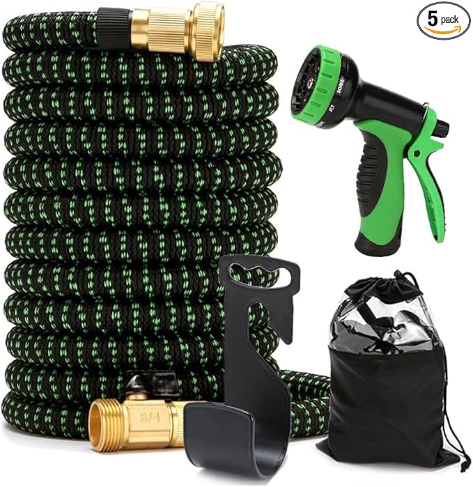 MQUAD Ultimate Expandable Garden Hose - Heavy Duty, Tangle-Free, Flexible with 10-Pattern Spray Nozzle, Solid Brass Connectors, 4-Layer Latex Core, Storage Bag, and Holder (Black/Green, 50FT)
