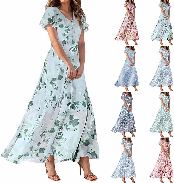Chiffon Dresses for Women Flutter Sleeve Summer Boho Floral Maxi Dresses Gauze Flowy Garden Wedding Guest Long Dress