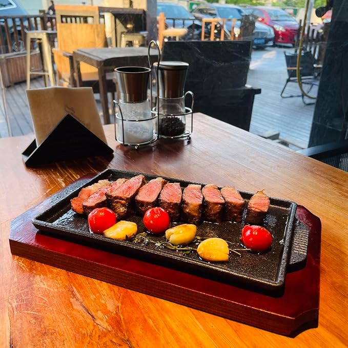 Cast Iron Steak Plate, Grill Pans, Sizzle Griddle with Wooden Base, Steak Pan, Griddle Grill Pan with handles (Plate with Base 6.7" x 4.4")