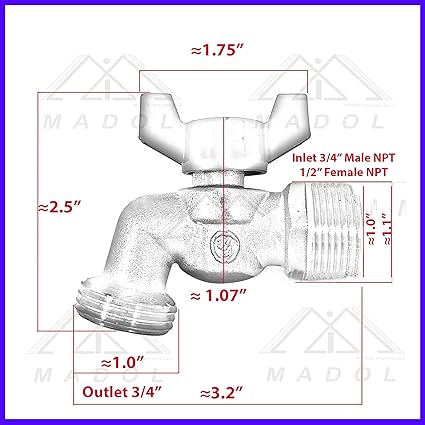 Brass Ball Similar to Arrowhead 79-212 34" Male NPT inlet with 34 water hose outlet ideal for gardens and patios Llave de Manguera o Nariz 34" Hose Bibb 34" Llave de Manguera Esfera Mariposa