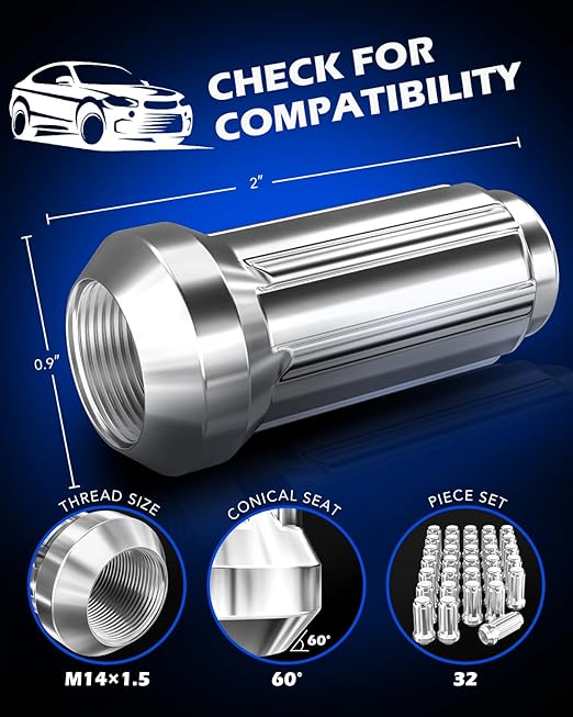 OMT M14x1.5 Wheel Lug Nuts 32 Pack, Chrome Lug Nuts 2 inches Tall Spline Drive Cone Seat with Socket Compatible with Ford F250 F350 Super Duty, Chevy Silverado 1500 2500HD and GMC Sierra