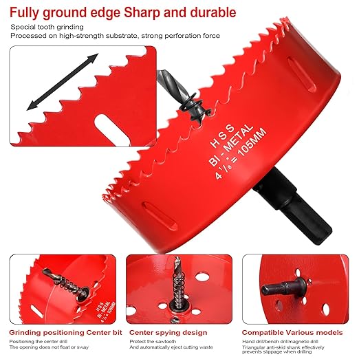 Hole Saw 4 18 (105mm) for Wood and Plastic, HSS Bi-Metal Hole Cutter Core Drill Bit for Drywall, PVC Boards, Fiberglass and Vent Pipes