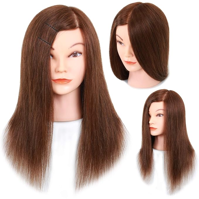 Mannequin Head with Human Hair - 20-22" Cosmetology Mannequin Head with 100 Real Human Hair for Braiding Practice Cutting - Manikin Head with Human Hair for Hairdresser (Brown)