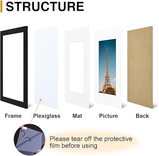 decorUhome 8.5x11 Picture Frame, Display Pictures 6x8 with Mat or 8.5x11 without Mat, Black Engineered Wood Photo Frame with Plexiglass for Wall & Tabletop Display, Picture Frames 8.5x11 Set of 4