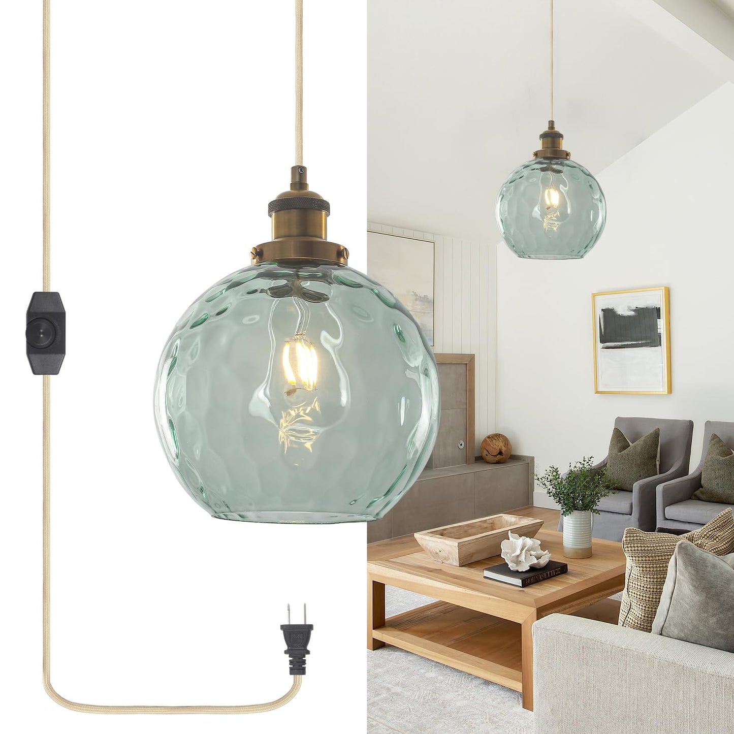 Plug in Pendant Light, Handblown Glass Pendant Light with Dimmable Switch Hanging Lights with Plug in Cord 15ft, Hanging Lamp Plug in for Dining Living Room Kitchen Island Bedroom (Green)