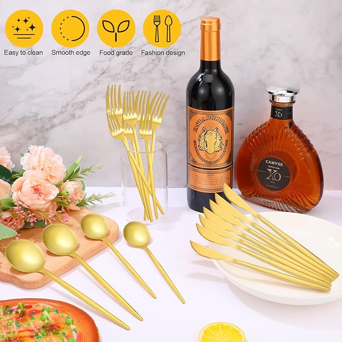 84 Pcs Gold Silverware Set, 18 Set Flatware Cutlery for 5 Golden Stainless Steel Utensils Includes Forks Knives and Spoons for Kitchen Restaurant Home(Gold Handle)