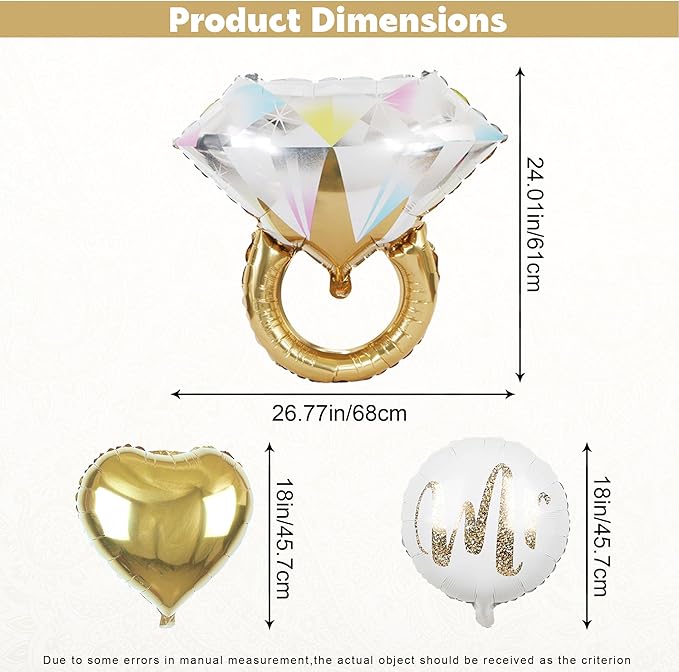 5Pcs Diamond Ring Wedding Balloons,White Mr Aluminum Foil Balloons Gold Heart Mylar Balloons for Wedding, Marriage Engagement, Bridal Shower Party Decorations