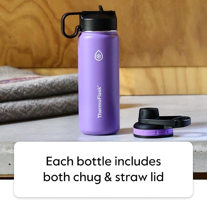 ThermoFlask Bottle with Chug Lid & Straw Lid - Insulated Stainless Steel Water Bottle with Leak-Proof Lids - Dishwasher-Safe Reusable Bottle & Lids - Durable Bottle, 2 Straws & 2 Lids - 64 oz, Black