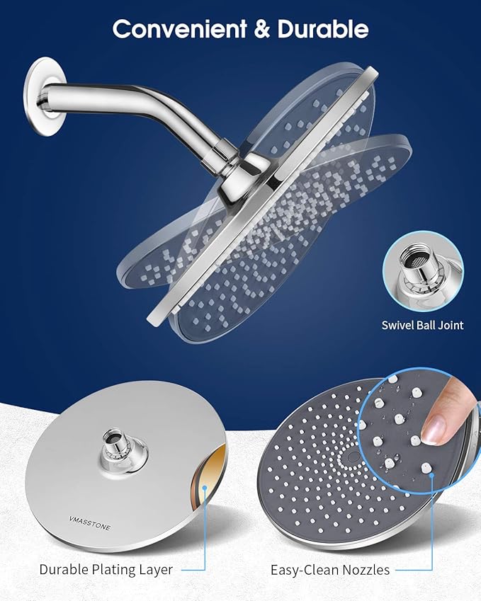 Large Shower Head VMASSTONE 9In High Pressure Showerhead - Tool Free Installation- with Large Spray Surfaces and 200 Nozzles for Delicate and Unstimulate Shower Experience (EM-001 ChromeDark Grey)