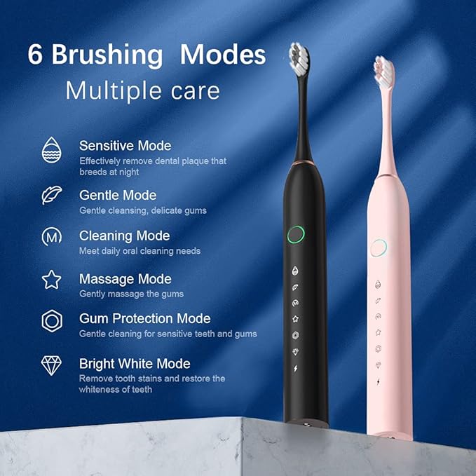 2 Pack Rechargeable Electric Toothbrushes for Adults and Kids, Whitening Tooth Brush with 8 Brush Heads, 6 Cleaning Modes and Smart Timer, Waterproof Cleaning Toothbrushes Set(Black&Pink)