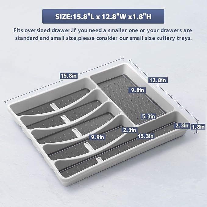 Silverware Organizer with Cutlery Icons,Silverware Tray for Kitchen Drawer,Plastic Flatware Tableware Cultery Drawer Organizer Utensil Organizer with Non-slip TPR Linings,6-Compartment