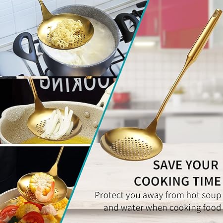 Gold Strainer Skimmer, Evanda Heavy Duty Golden Stainless Steel Heavy Duty Sturdy Kitchen Skimmer, Slotted Spoon, With Comfort Handle and Hanging Holes, Easy to Store and Dishwasher Safe