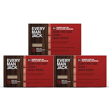 Every Man Jack Cedar Red Sage Mens Soap Bar for Body and Hair with Shea Butter, Aloe Vera, and Glycerin to Deep Clean, Hydrate, and Soothe Skin - Naturally Derived, Zero Harmful Chemicals - 3 Pack